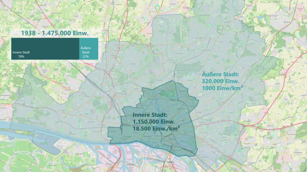 Die Darstellung zeigt eine Karte der Einwohnerdichten in der inneren und äußeren Stadt Hamburg 1938 (nur Norderelbegebiet betrachtet).