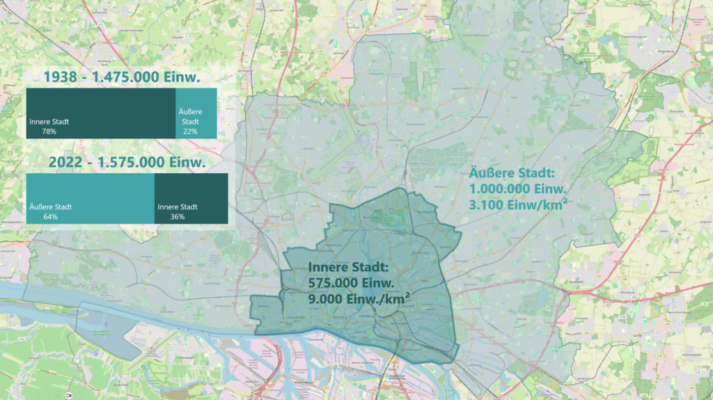 Die Darstellung zeigt eine Karte der Einwohnerdichten in der inneren und äußeren Stadt Hamburg 2022 (nur Norderelbegebiet betrachtet).